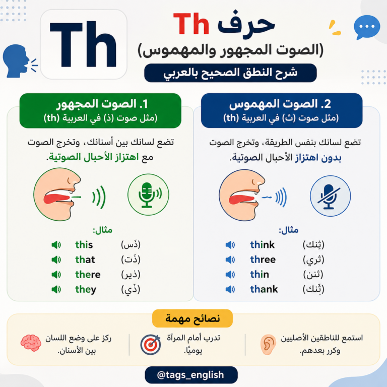 حرف Th (الصوت المجهور والمهموس) | شرح النطق الصحيح بالعربي