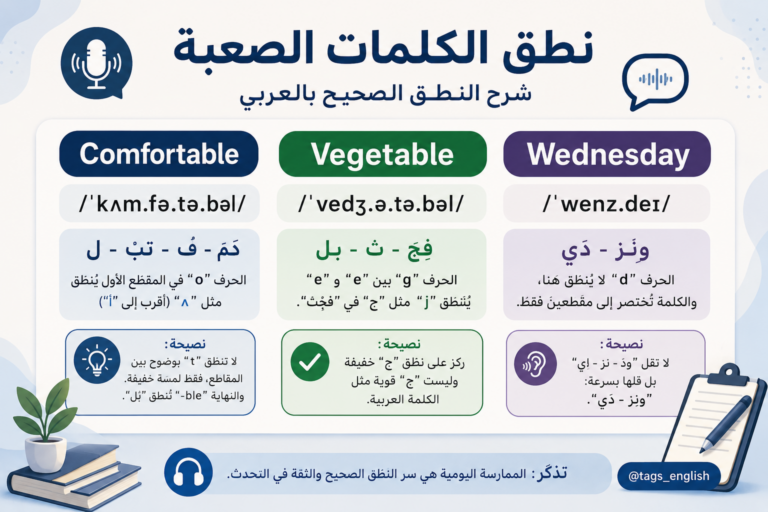 نطق الكلمات الصعبة: Comfortable وVegetable وWednesday بدون أخطاء